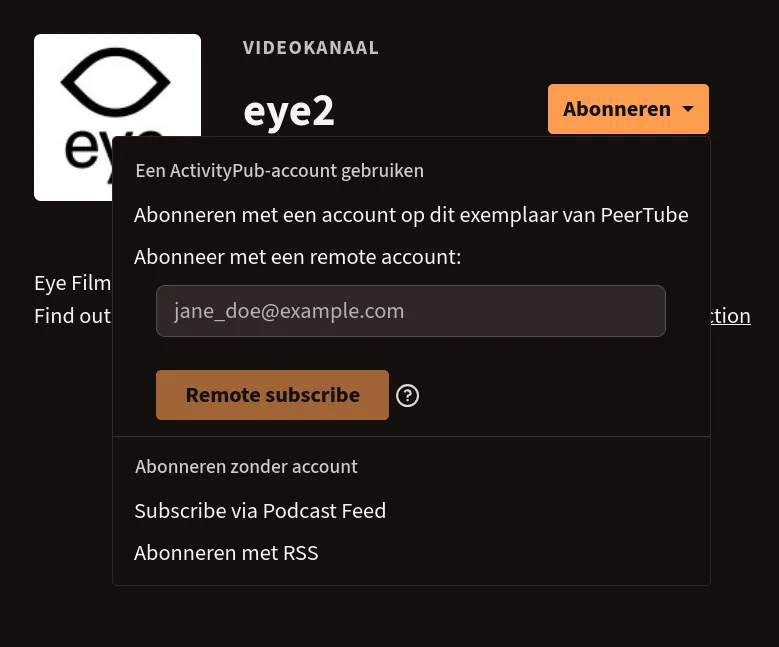 Screenshot van een videokanaal met de optie om te abonneren geopend
