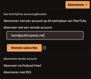 Abonneer-dialoog van PeerTube, waar mensen intuïtief een e-mailadres invullen in plaats van een activitypub account.